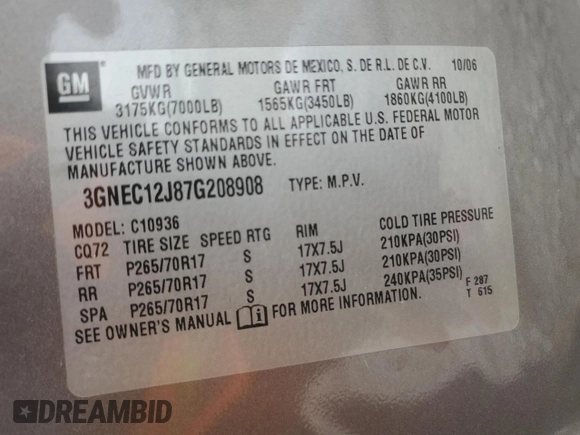 2007 Chevrolet Avalanche 2LT with VIN 3GNEC12J87G208908, listed as a Copart auction lot 77654674 with 193,889 mi miles and Salvage Title. Bid and sale history available at DreamBid. Image 12.