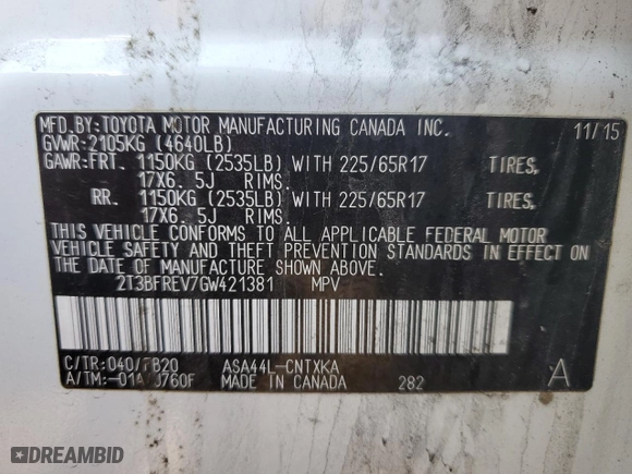 2016 Toyota RAV4 LE with VIN 2T3BFREV7GW421381, listed as a Copart auction lot 48988295 with 112,636 mi miles and Salvage Title. Bid and sale history available at carsss.com. Image 13.