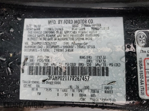 2007 Ford Fusion SEL with VIN 3FAHP02117R267457, listed as a Copart auction lot 83765354 with 150,439 mi miles and Salvage Title. Bid and sale history available at carsss.com. Image 12.