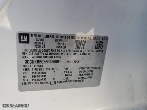 2014 Chevrolet Silverado 1500 LT with VIN 3GCUKREC2EG455809, listed as a Copart auction lot 44388195 with 0 mi miles and Salvage Title. Bid and sale history available at carsss.com. Image 14.