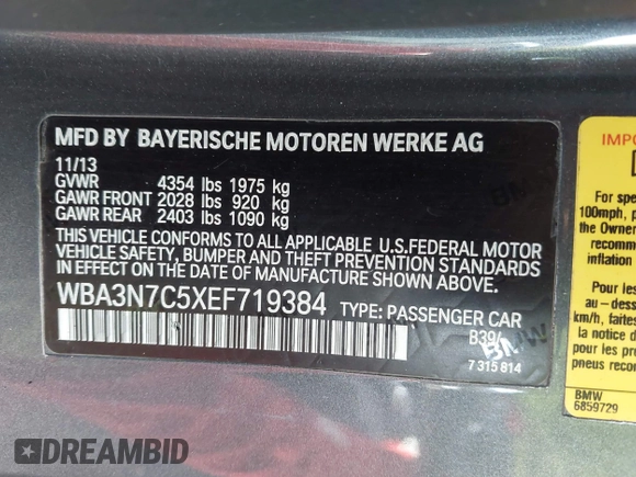 2014 BMW 4 Series 428i with VIN WBA3N7C5XEF719384, listed as a IAAI auction lot 41694678 with 115,517 mi miles and . Bid and sale history available at carsss.com. Image 9.