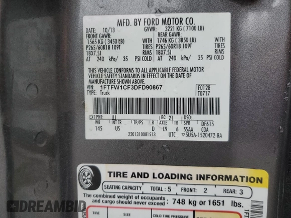 2013 Ford F-150 XL with VIN 1FTFW1CF3DFD90867, listed as a Copart auction lot 56405985 with 135,618 mi miles and Salvage title. Bid and sale history available at DreamBid. Image 12.