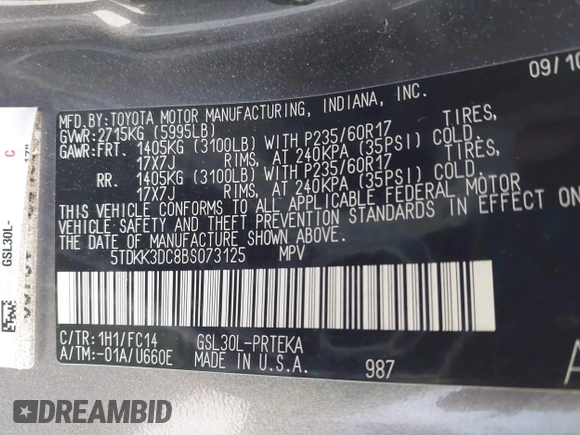 2011 Toyota Sienna LE AAS with VIN 5TDKK3DC8BS073125, listed as a IAAI auction lot 42018649 with 199,595 mi miles. Bid and sale history available at carsss.com. Image 9.