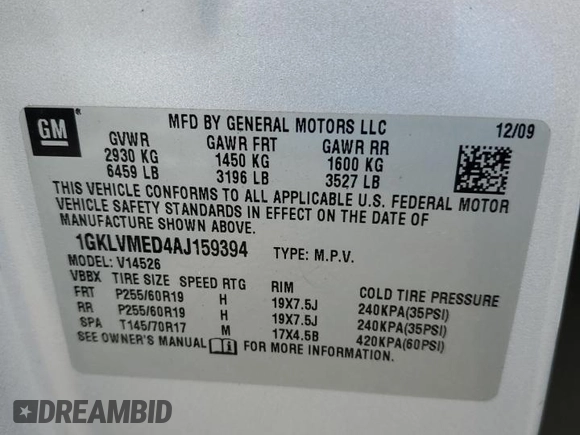 2010 GMC Acadia SLT1 with VIN 1GKLVMED4AJ159394, listed as a Copart auction lot 51753945 with Not Provided miles and Salvage Title. Bid and sale history available at carsss.com. Image 13.
