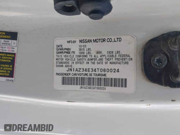 2004 Nissan 350Z Touring with VIN JN1AZ34E34T060024, listed as a IAAI auction lot 42327915 with 96,197 mi miles and . Bid and sale history available at DreamBid. Image 9.