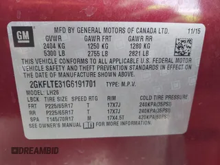2016 GMC Terrain SLE with VIN 2GKFLTE31G6191701, listed as a IAAI auction lot 42607598 with 18,217 mi miles and . Bid and sale history available at DreamBid. Image 9.