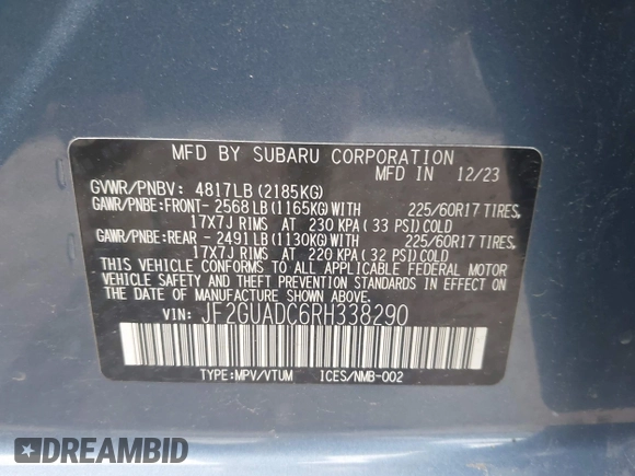 2024 Subaru Crosstrek Premium z VIN JF2GUADC6RH338290, wystawiony jako IAAI lot #42341194 z przebiegiem 10 379 mil mil oraz . Historia ofert i sprzedaży dostępna na DreamBid. Obrazek 9.
