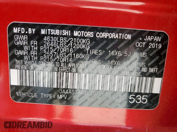 2020 Mitsubishi Eclipse Cross ES с VIN JA4AS3AAXLZ012688, выставлен на аукционе Copart как лот 60117485 с пробегом 116 880 миль миль и Чистый • Clean title. История ставок и продаж доступна на DreamBid. Изображение 13.