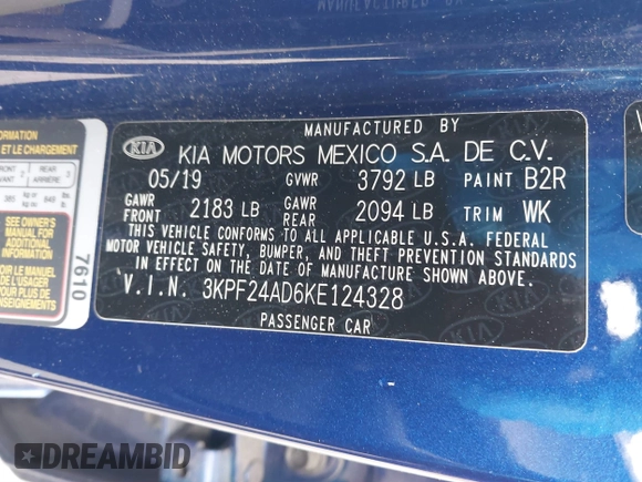 2019 Kia Forte LXS with VIN 3KPF24AD6KE124328, listed as a IAAI auction lot 41740592 with 103,007 mi miles. Bid and sale history available at carsss.com. Image 9.