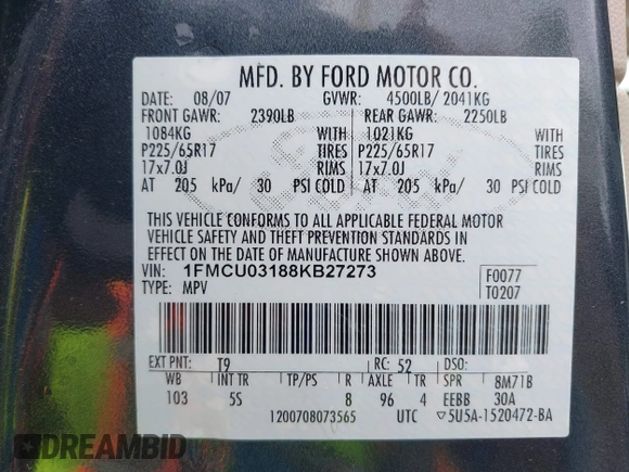 2008 Ford Escape XLT with VIN 1FMCU03188KB27273, listed as a IAAI auction lot 42196068 with 164,482 mi miles and . Bid and sale history available at DreamBid. Image 9.