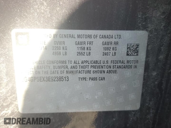 2014 Buick Regal Premium I with VIN 2G4GP5EX3E9238513, listed as a Copart auction lot 51987775 with 165,449 mi miles and Salvage Title. Bid and sale history available at DreamBid. Image 14.