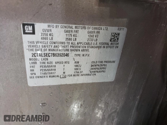2011 GMC Terrain SLE-2 with VIN 2CTALSEC7B6392046, listed as a Copart auction lot 44543555 with 174,258 mi miles and Salvage Title. Bid and sale history available at DreamBid. Image 14.
