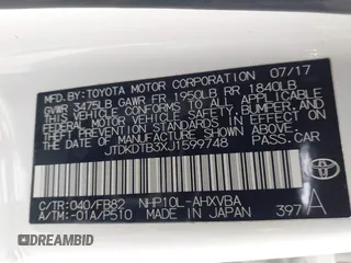 2018 Toyota Prius One with VIN JTDKDTB3XJ1599748, listed as a IAAI auction lot 42054106 with 81,947 mi miles and . Bid and sale history available at DreamBid. Image 9.