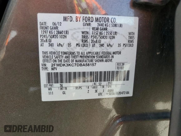 2013 Ford Edge Limited with VIN 2FMDK3KC7DBA58157, listed as a Copart auction lot 56159855 with 186,020 mi miles and Clean title. Bid and sale history available at DreamBid. Image 13.