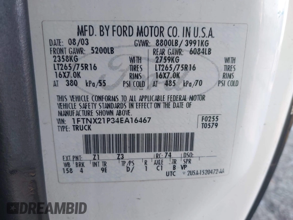 2004 Ford F-250 XL z VIN 1FTNX21P34EA16467, wystawiony jako IAAI lot #41419946 z przebiegiem Nie podano mil oraz . Historia ofert i sprzedaży dostępna na DreamBid. Obrazek 9.