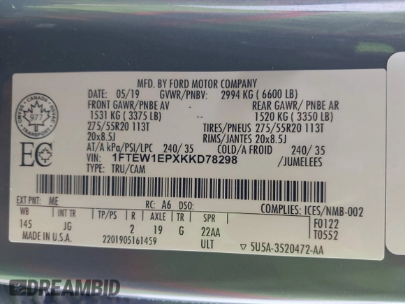 2019 Ford F-150 XL with VIN 1FTEW1EPXKKD78298, listed as a IAAI auction lot 41158508 with 76,676 mi miles and . Bid and sale history available at DreamBid. Image 9.
