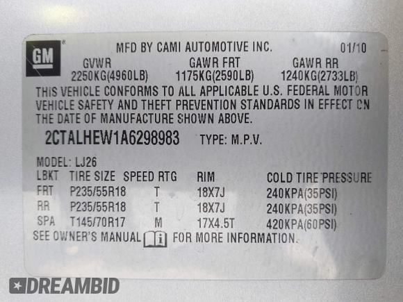 2010 GMC Terrain SLT-2 with VIN 2CTALHEW1A6298983, listed as a IAAI auction lot 40981841 with 131,821 mi miles and . Bid and sale history available at carsss.com. Image 9.