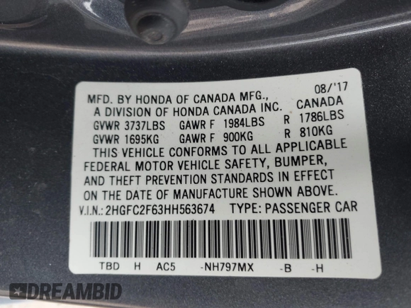 2017 Honda Civic Sedan LX with VIN 2HGFC2F63HH563674, listed as a IAAI auction lot 41633602 with 1 mi miles. Bid and sale history available at carsss.com. Image 9.