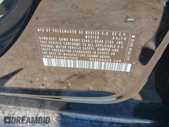2015 Volkswagen Jetta SE z VIN 3VWD17AJ9FM415626, wystawiony jako IAAI lot #41309967 z przebiegiem 96 681 mil mil oraz . Historia ofert i sprzedaży dostępna na DreamBid. Obrazek 9.