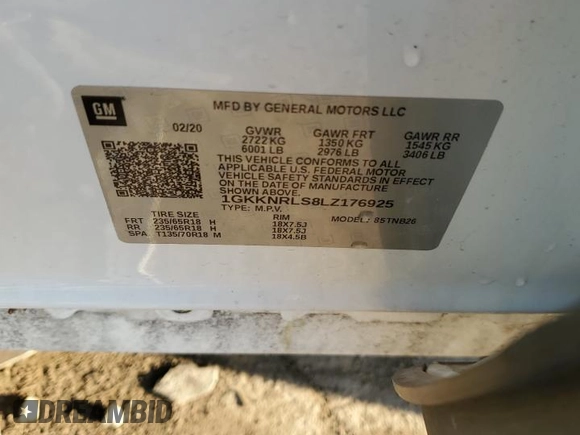 2020 GMC Acadia SLE z VIN 1GKKNRLS8LZ176925, wystawiony jako Copart lot #44421875 z przebiegiem 51 897 mil mil oraz Szkoda całkowita • Salvage title. Historia ofert i sprzedaży dostępna na DreamBid. Obrazek 13.