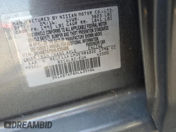 2017 Nissan Sentra S with VIN 3N1AB7AP8HL635486, listed as a Copart auction lot 61237455 with 82,332 mi miles and Salvage title. Bid and sale history available at DreamBid. Image 12.