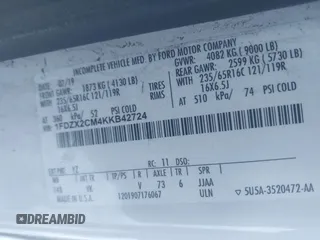 2019 Ford Transit XL with VIN 1FDZX2CM4KKB42724, listed as a IAAI auction lot 41589339 with 69,061 mi miles and . Bid and sale history available at carsss.com. Image 9.