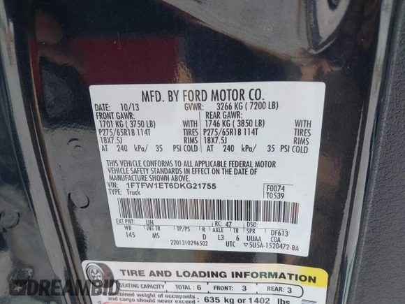 2013 Ford F-150 XL with VIN 1FTFW1ET6DKG21755, listed as a IAAI auction lot 42361049 with 264,756 mi miles and . Bid and sale history available at DreamBid. Image 9.