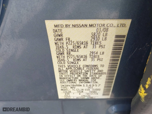 2008 Nissan Quest S with VIN 5N1BV28U98N114957, listed as a IAAI auction lot 41884382 with 146,779 mi miles. Bid and sale history available at carsss.com. Image 9.