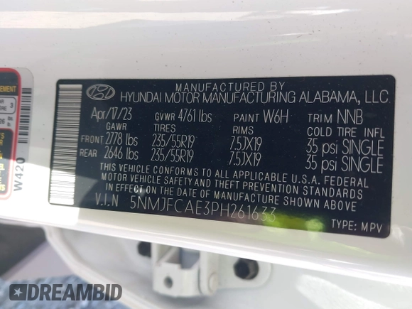2023 Hyundai Tucson SEL with VIN 5NMJFCAE3PH261633, listed as a IAAI auction lot 41795265 with 39,374 mi miles and . Bid and sale history available at DreamBid. Image 9.