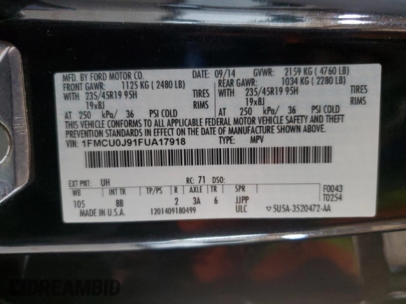 2015 Ford Escape Titanium with VIN 1FMCU0J91FUA17918, listed as a Copart auction lot 64525025 with 130,095 mi miles and Salvage title. Bid and sale history available at DreamBid. Image 12.