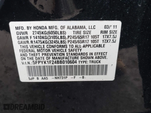 2011 Honda Ridgeline RT z VIN 5FPYK1F24BB010604, wystawiony jako IAAI lot #41941553 z przebiegiem 37 814 mil mil oraz . Historia ofert i sprzedaży dostępna na DreamBid. Obrazek 9.