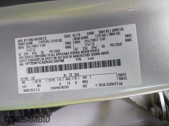2019 Ford F-150 XL with VIN 1FTEW1C52KKC39798, listed as a IAAI auction lot 40537962 with Not Provided miles and . Bid and sale history available at DreamBid. Image 9.