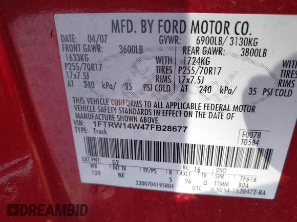 2007 Ford F-150 XLT with VIN 1FTRW14W47FB28677, listed as a IAAI auction lot 41880700 with 334,505 mi miles and . Bid and sale history available at DreamBid. Image 9.