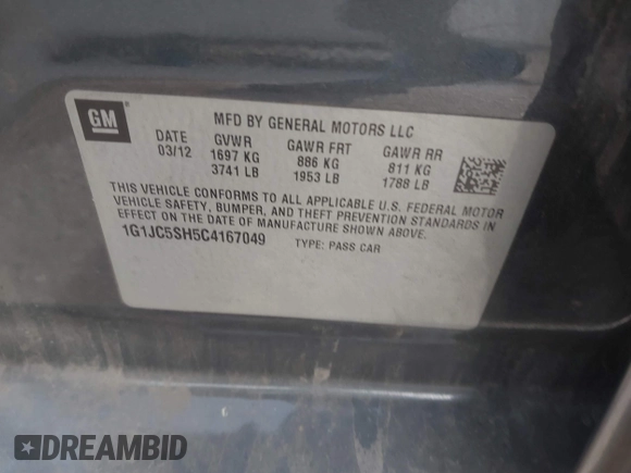 2012 Chevrolet Sonic LT with VIN 1G1JC5SH5C4167049, listed as a IAAI auction lot 42124461 with 134,864 mi miles and . Bid and sale history available at DreamBid. Image 9.
