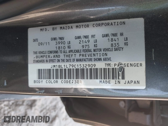 2012 Mazda 3 i Touring with VIN JM1BL1L79C1532909, listed as a IAAI auction lot 42469469 with 207,597 mi miles and . Bid and sale history available at DreamBid. Image 9.