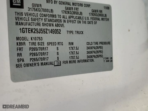 2009 GMC Sierra 1500 SLE with VIN 1GTEK29J59Z149052, listed as a Copart auction lot 50789405 with 147,370 mi miles and Salvage Title. Bid and sale history available at carsss.com. Image 14.