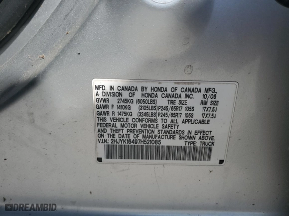 2007 Honda Ridgeline RTS with VIN 2HJYK16497H521085, listed as a Copart auction lot 68319864 with 0 mi miles and Salvage Title. Bid and sale history available at carsss.com. Image 12.