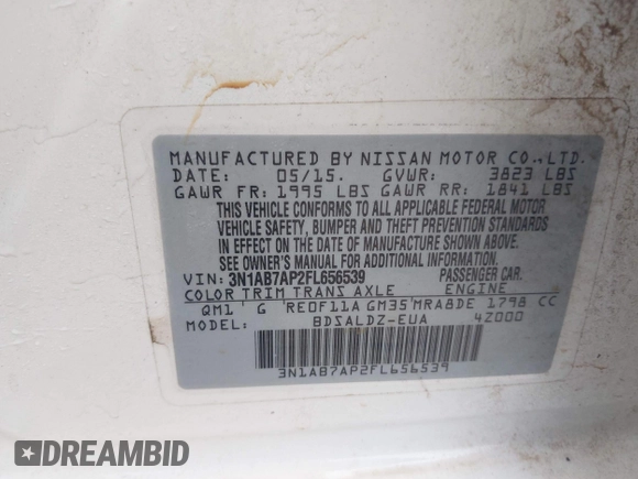 2015 Nissan Sentra SR with VIN 3N1AB7AP2FL656539, listed as a IAAI auction lot 41909271 with 204,580 mi miles and . Bid and sale history available at DreamBid. Image 9.