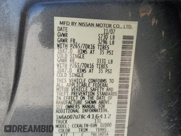 2008 Nissan Frontier SE z VIN 1N6AD07U78C416412, wystawiony jako Copart lot #50690625 z przebiegiem 191 081 mil mil oraz Szkoda całkowita • Salvage title. Historia ofert i sprzedaży dostępna na DreamBid. Obrazek 12.