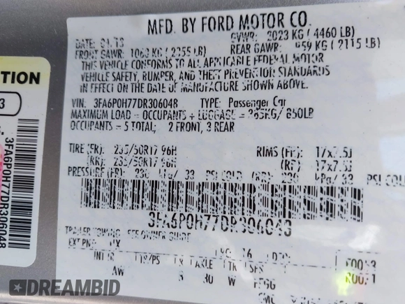 2013 Ford Fusion SE with VIN 3FA6P0H77DR306048, listed as a IAAI auction lot 41955214 with 175,354 mi miles. Bid and sale history available at carsss.com. Image 9.
