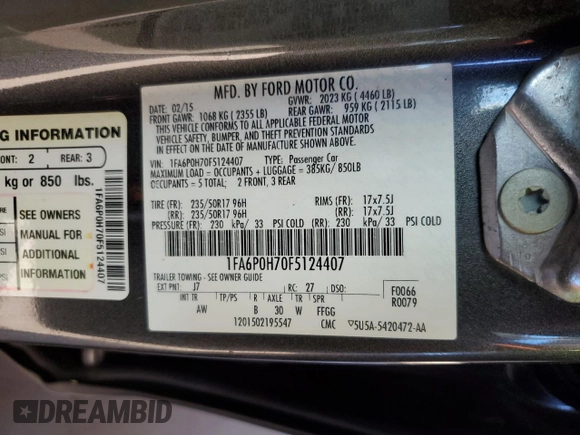 2015 Ford Fusion SE with VIN 1FA6P0H70F5124407, listed as a Copart auction lot 87966475 with Not provided miles and Clean title. Bid and sale history available at DreamBid. Image 12.