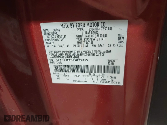 2014 Ford F-150 XL with VIN 1FTFX1EF1EKF24715, listed as a IAAI auction lot 41520559 with 183,650 mi miles. Bid and sale history available at carsss.com. Image 9.