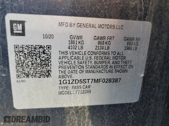 2021 Chevrolet Malibu LT with VIN 1G1ZD5ST7MF028387, listed as a Copart auction lot 52792895 with 78,929 mi miles and Salvage Title. Bid and sale history available at DreamBid. Image 12.
