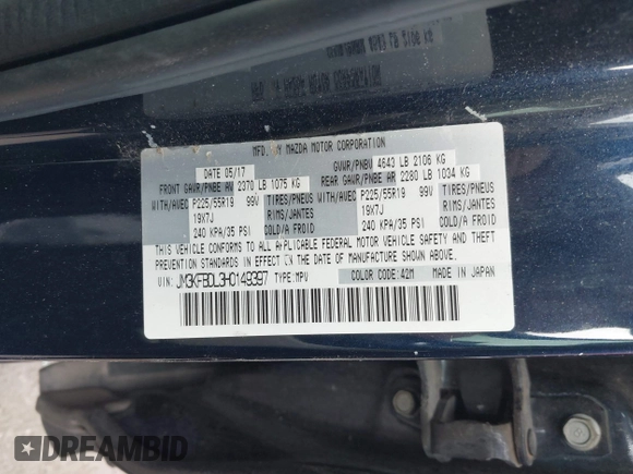 2017 Mazda CX-5 Grand Touring with VIN JM3KFBDL3H0149397, listed as a IAAI auction lot 41085425 with 161,675 mi miles. Bid and sale history available at carsss.com. Image 9.