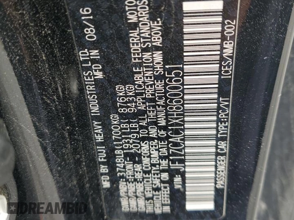 2017 Subaru BRZ Limited with VIN JF1ZCAC1XH8600651, listed as a Copart auction lot 61066515 with 109,875 mi miles and Salvage title. Bid and sale history available at DreamBid. Image 13.