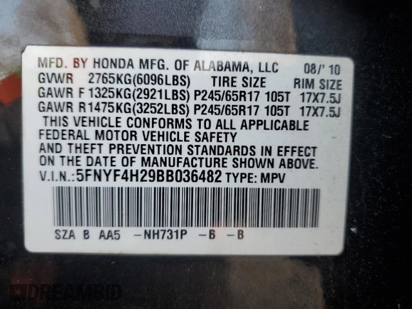 2011 Honda Pilot LX with VIN 5FNYF4H29BB036482, listed as a Copart auction lot 48827005 with 323,631 mi miles and Clean Title. Bid and sale history available at carsss.com. Image 13.