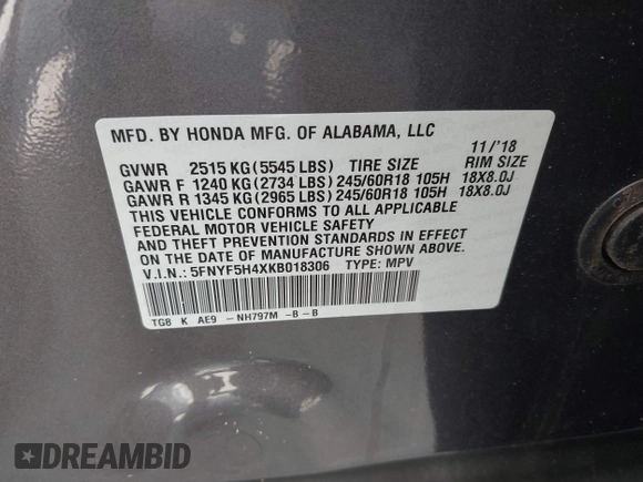 2019 Honda Pilot EX-L with VIN 5FNYF5H4XKB018306, listed as a IAAI auction lot 42441441 with 53,212 mi miles and . Bid and sale history available at DreamBid. Image 9.