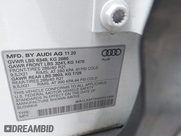 2021 Audi Q7 Premium Plus with VIN WA1LXAF75MD021454, listed as a IAAI auction lot 42444321 with 39,103 mi miles and . Bid and sale history available at DreamBid. Image 9.