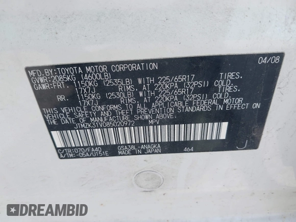 2008 Toyota RAV4 Limited with VIN JTMZK31V085020972, listed as a IAAI auction lot 42669032 with 159,461 mi miles and . Bid and sale history available at DreamBid. Image 9.