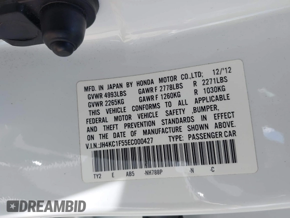 2014 Acura RLX Technology with VIN JH4KC1F55EC000427, listed as a IAAI auction lot 42705778 with 135,057 mi miles and . Bid and sale history available at DreamBid. Image 9.